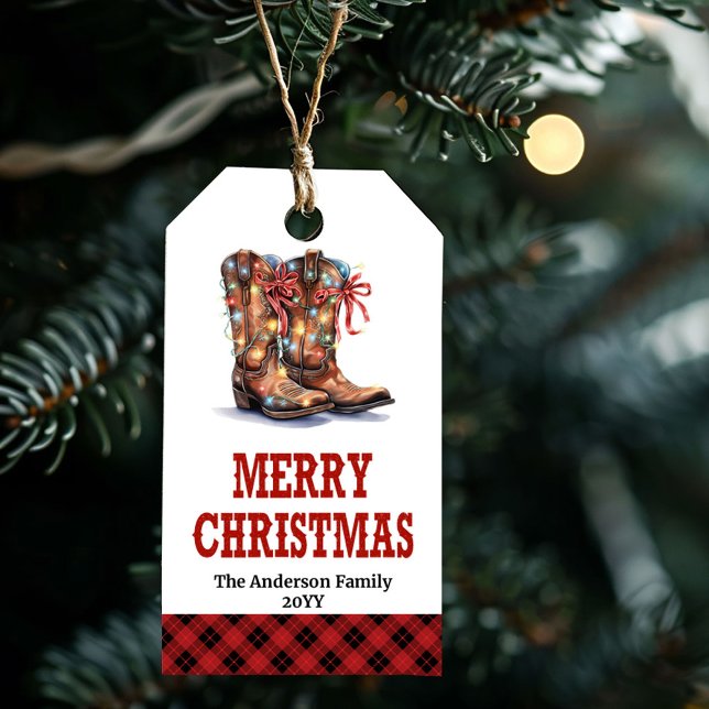 Étiquettes-cadeau Rustic Western Christmas gift tag cowboy boots (Rustic Western Christmas gift tag with cowboy hat)