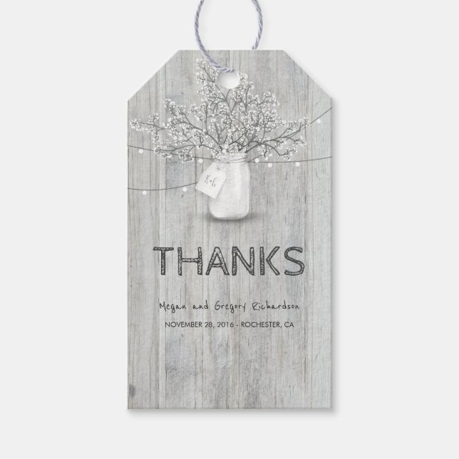 Étiquettes-cadeau Rustic Wood Baby's Breath Mason Jar Barn Mariage (Devant)