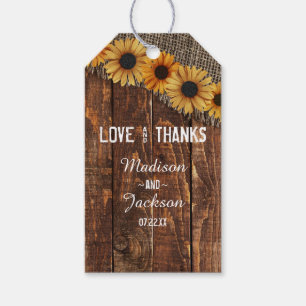 Étiquettes-cadeau Rustic Wood Burlap Sunflower Mariage Amour & Merci