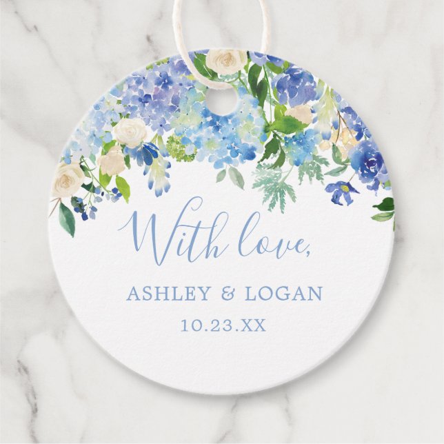 Étiquettes Cadeau Rustique bleu Hydrangea Aquarelle Mariage Floral (Devant)