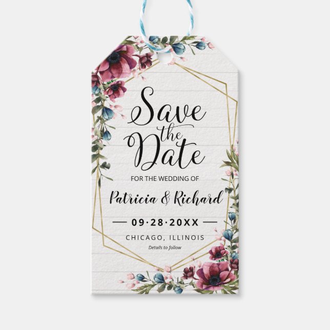 Étiquettes-cadeau Rustique Chic Bourgogne Mariage Floral Enregistrer (Devant)