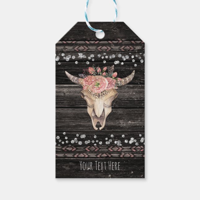 Étiquettes-cadeau Rustique Floral Vache Crâne Boho Chic Custom Party (Devant)