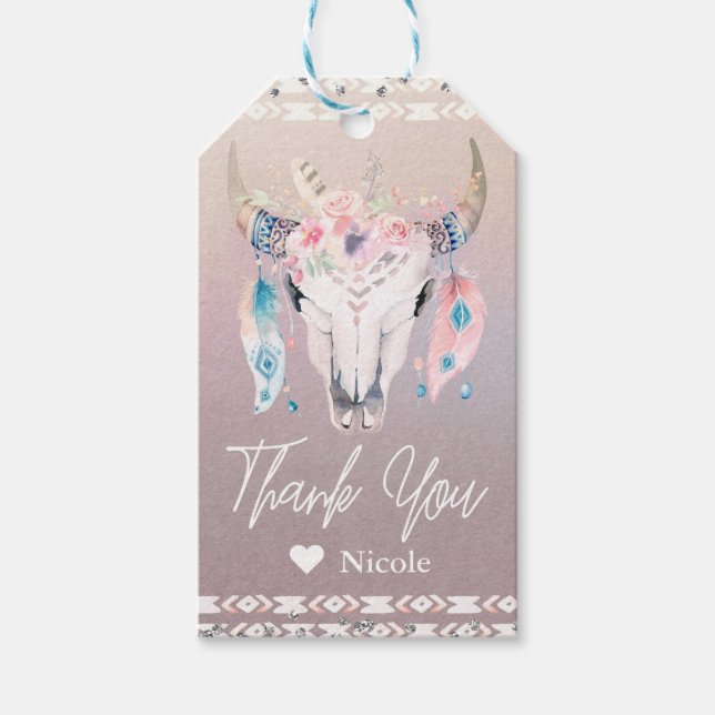 Étiquettes-cadeau Rustique Glam Boho Floral Cow Skull Party Favorise (Devant)