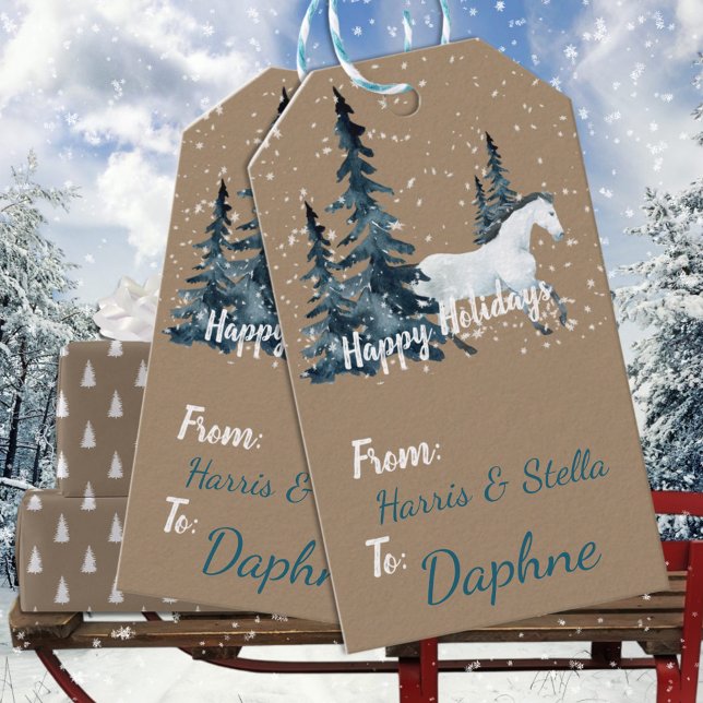 Étiquettes-cadeau Rustique Kraft Blue Spruce Bois Blanc Horse (Rustic Kraft Blue Spruce Woodland White Horse Christmas Holiday Gift Wrapping Name Tag)