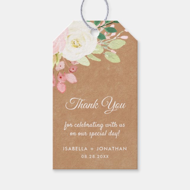 Étiquettes-cadeau Rustique Kraft Floral Brown Cream Mariage Merci (Devant)