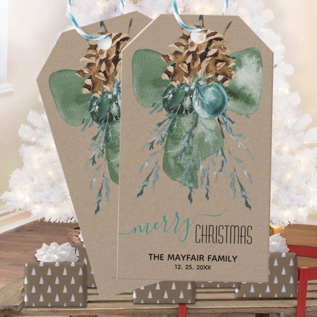Étiquettes-cadeau Rustique Kraft Green Bow Cones sucre Noël (Rustic Kraft Green Bow Sugar Cones Christmas Holiday Gift Wrapping Name Tag
)
