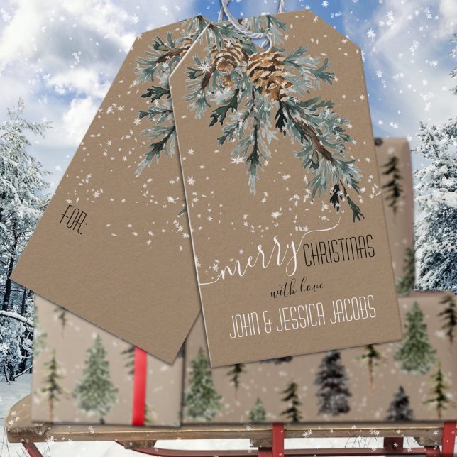 Étiquettes-cadeau Rustique Kraft Juniper Bough & Cones Joyeux Noël (Rustic Kraft Blue Juniper Bough & Cones Merry Christmas Holiday Editable Gift Tags)