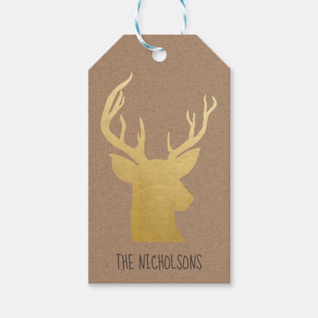 Étiquettes-cadeau Rustique Kraft Papier Reindeer Or Noël (Devant)