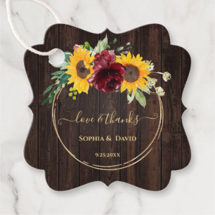 Étiquettes Cadeau Rustique Marsala Floral Sunflower Mariage en bois
