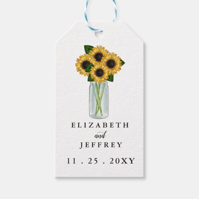 Étiquettes-cadeau Rustique Mason Jar Mariage de tournesols (Devant)