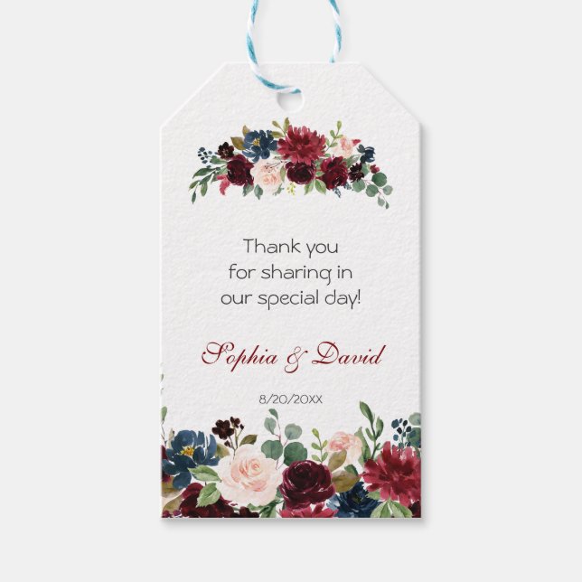 Étiquettes-cadeau Rustique Merlot Navy Blue Floral Mariage (Devant)