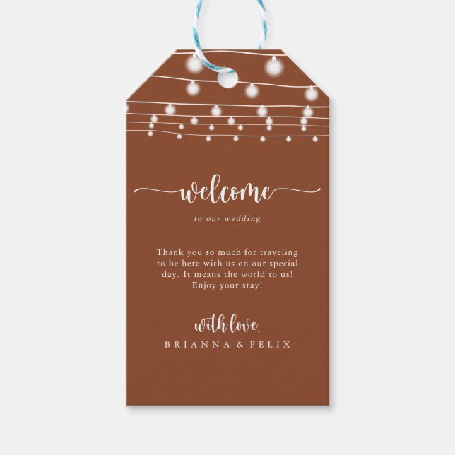 Étiquettes-cadeau Rustique String Lights Terracotta Mariage Bienvenu (Devant)