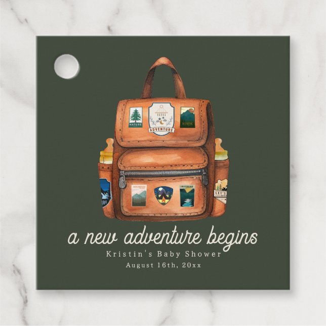 Étiquettes Cadeau Sac à dos Aventure + Bouteilles Baby shower vert (Devant)