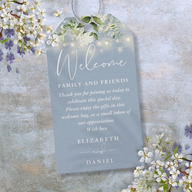 Étiquettes-cadeau Sac à panier de bienvenue Dusty Blue Favor (Greenery Dusty Blue Favor Welcome Basket Bag Gift Tags)