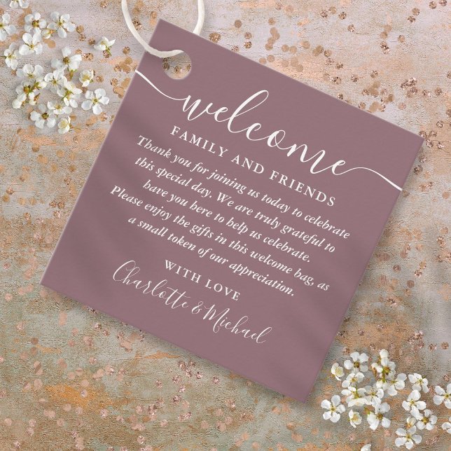 Étiquettes Cadeau Sac cadeau de bienvenue du Mariage de script Mauve (Mauve Script Wedding Welcome Gift Basket Bag Favor Tags)