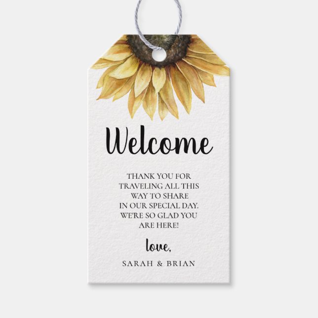 Étiquettes-cadeau Sac de bienvenue du Mariage de tournesol rustique (Devant)