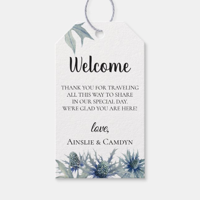 Étiquettes-cadeau Sac de bienvenue Mariage de chardon bleu (Devant)