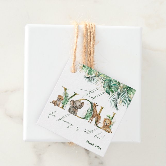 Étiquettes Cadeau Safari Animal Jungle Vert & Gold garçon Baby showe (En situation)