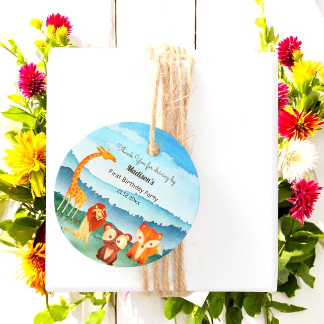 Étiquettes Cadeau Safari Animaux Anniversaire Fête Bleu (Créateur téléchargé)