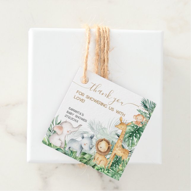 Étiquettes Cadeau Safari Bébé Animaux Baby shower vert Merci (En situation)