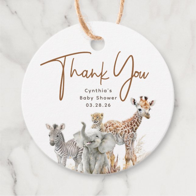 Étiquettes Cadeau Safari Bébé Animaux Merci mignon (Devant)