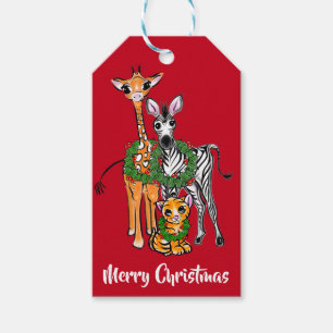 Étiquettes-cadeau safari de Noël festif, girafe zébrée lion