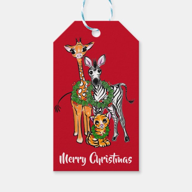 Étiquettes-cadeau safari de Noël festif, girafe zébrée lion (Devant)