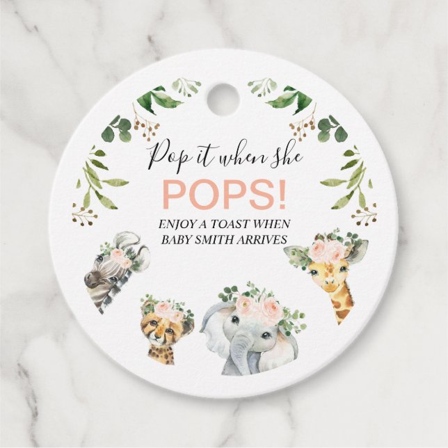 Étiquettes Cadeau Safari rose Floral Têtes Baby shower Pop it (Devant)
