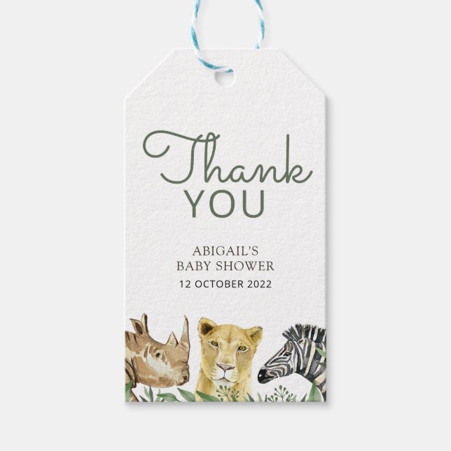 Étiquettes-cadeau Safari sauvage Animaux Baby shower Merci (Devant)