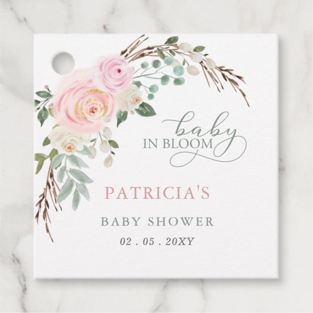 Étiquettes Cadeau Sage Baby en Fleur Rose Floral Baby shower fille (Devant)
