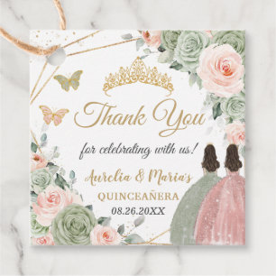 Étiquettes Cadeau Sage Green Blush Floral Twin Girls Quinceañera