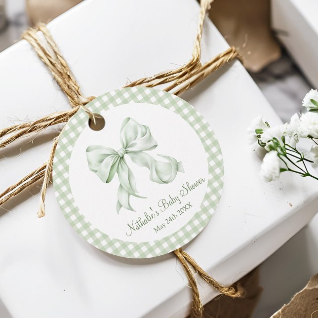 Étiquettes Cadeau Sage Green Bow En vichy Baby shower Merci (Créateur téléchargé)