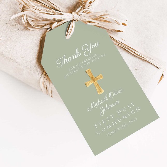 Étiquettes-cadeau Sage Green Croix religieuse Première communion (Sage Green Religious Cross First Communion Gift Tags)