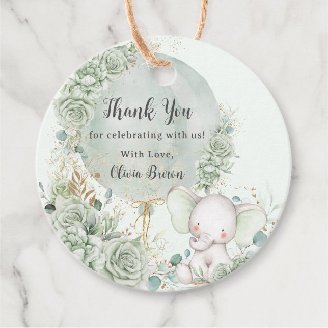 Étiquettes Cadeau Sage Green Floral Elephant Baby shower neutre (Devant)