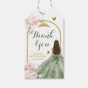 Étiquettes-cadeau Sage Green Gold Princesse Quinceañera Merci