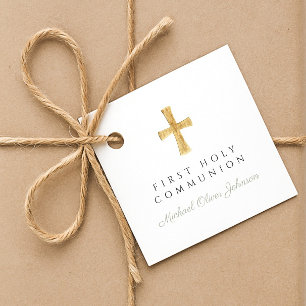 Étiquettes Cadeau Sage Green Script Cross Boy First Communion