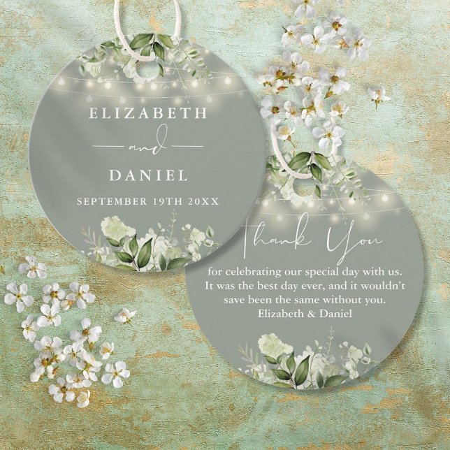 Étiquettes Cadeau Sage Vert Floral Chaîne Lumières Merci Mariage (Sage Green Floral String Lights Thank You Wedding Favor Tags)