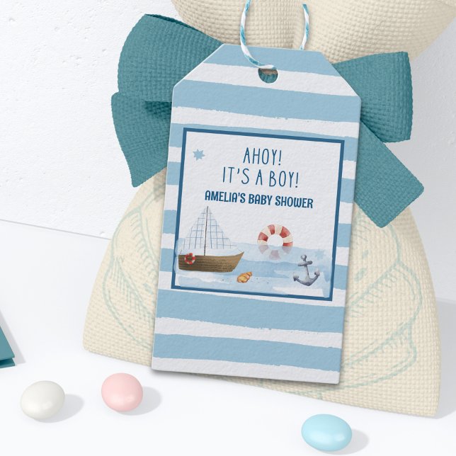 Étiquettes-cadeau Sailboat Ahoy c'est un garçon bleu bébé douche (Créateur téléchargé)