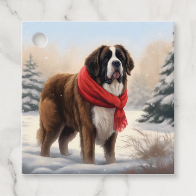 Étiquettes Cadeau Saint Bernard Chien à Noël de neige (Devant)