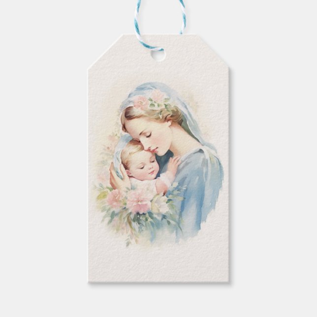 Étiquettes-cadeau Sainte Vierge Marie Jésus Floral Religieux (Devant)