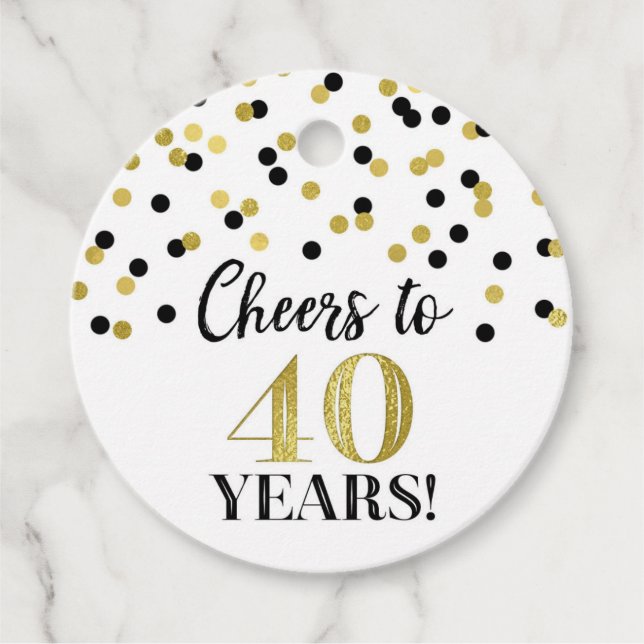 Étiquettes Cadeau Salutations à 40 ans d'or Noir Confetti (Devant)