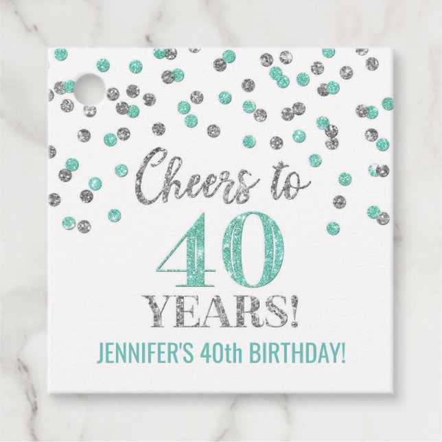 Étiquettes Cadeau Salutations à 40 ans Turquoise Silver Confetti (Devant)