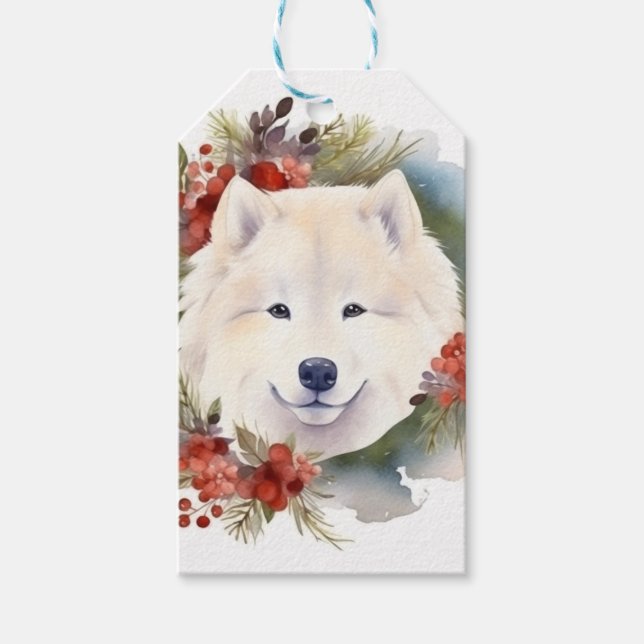 Étiquettes-cadeau Samoyed Christmas Wreath Festive Pup (Devant)