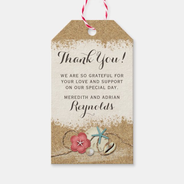 Étiquettes-cadeau Sandy Beach Hibiscus & Coques Mariage Merci (Devant)