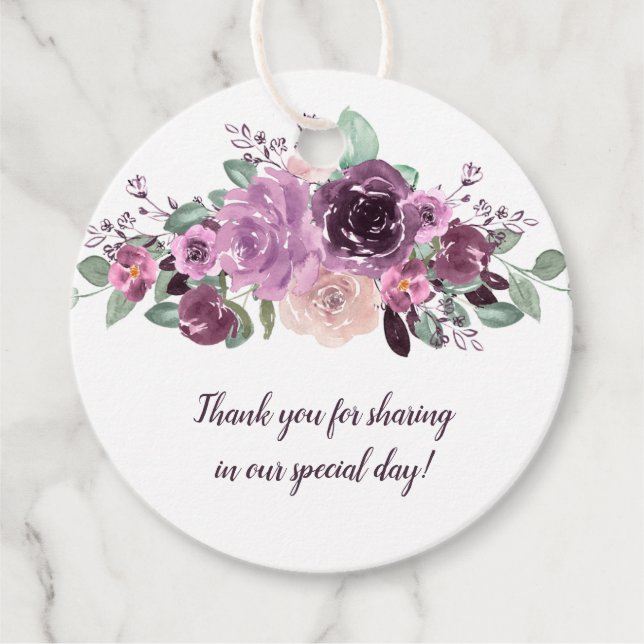 Étiquettes Cadeau Sangria violet mauve Mariage floral rond | (Devant)