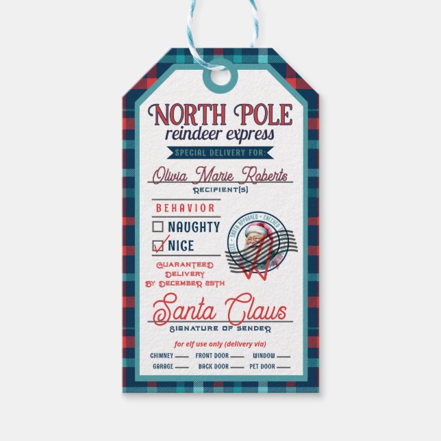 Étiquettes-cadeau Santa Claus Pôle Nord Rose & Bleu Plaid Noël (Devant)