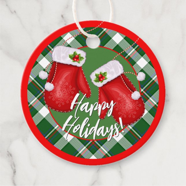 Étiquettes Cadeau Santas Personnalisé Mittens Sur Motif Rouge Vert P (Devant)