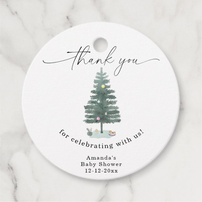 Étiquettes Cadeau Sapin de Noël aquarelle Merci (Devant)