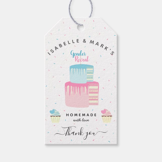 Étiquettes-cadeau Saupoudrer de gâteau rose bleu Merci de révélation (Devant)