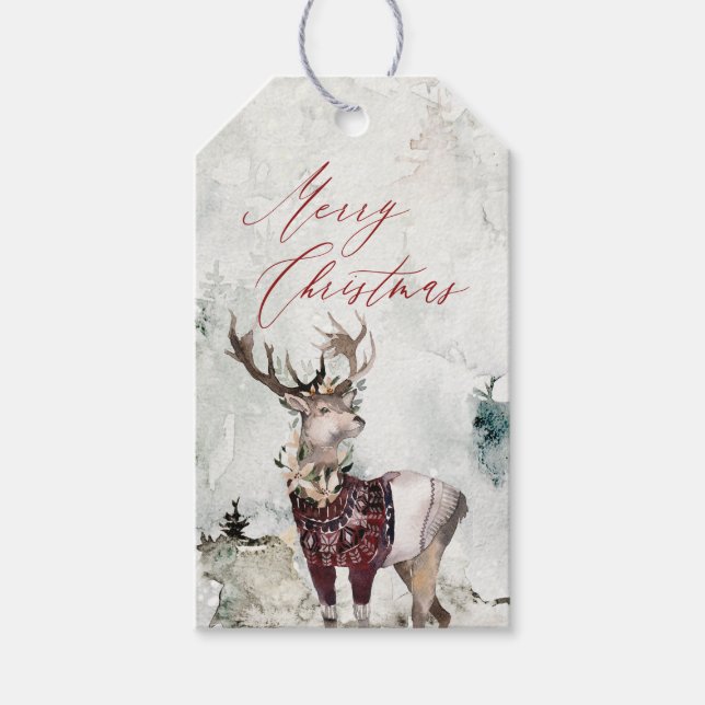 Étiquettes-cadeau Scène d'aquarelle de cerf rustique Noël (Devant)